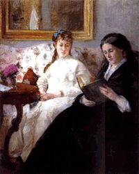 white-dress lady, black-dress lady (latter reading) sit.