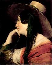 Profile, young lady in Western dress and hat