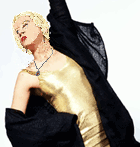 Blond, bling,shiny gold top, flowing black sheer outer 