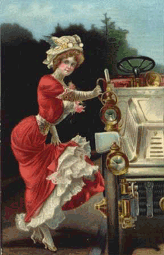 Lifelike painting, author in frilly red dress, early auto 