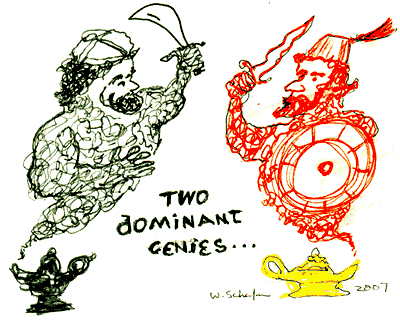 Two dominant genies, WJ Schafer illustration. Book of Wine & Seizures