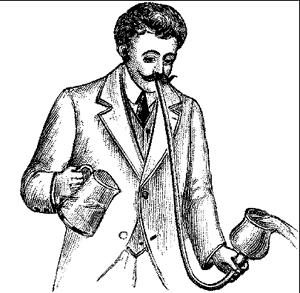 19th-Century man with water tube in mouth and water pitcher in hand, blowing water