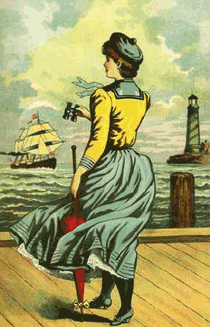 young lady in sailor-accented dress, on dock, with binoculars