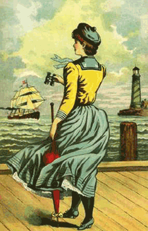 pirategroupie.gif young lady in sailor-accented dress, on dock, with binoculars