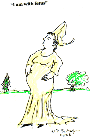"I am with fetus"-- pregnant medieval lady in yellow